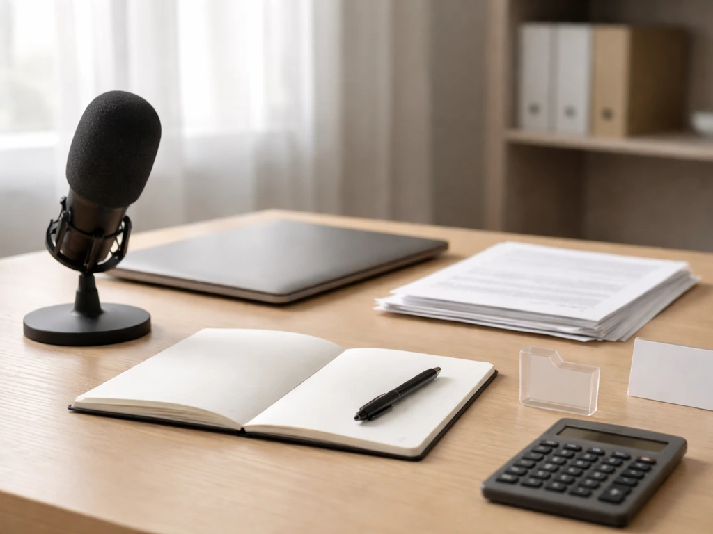 Minimal office desk with microphone, blank notebook, calculator, and printed pages symbolizing financial estimate compar