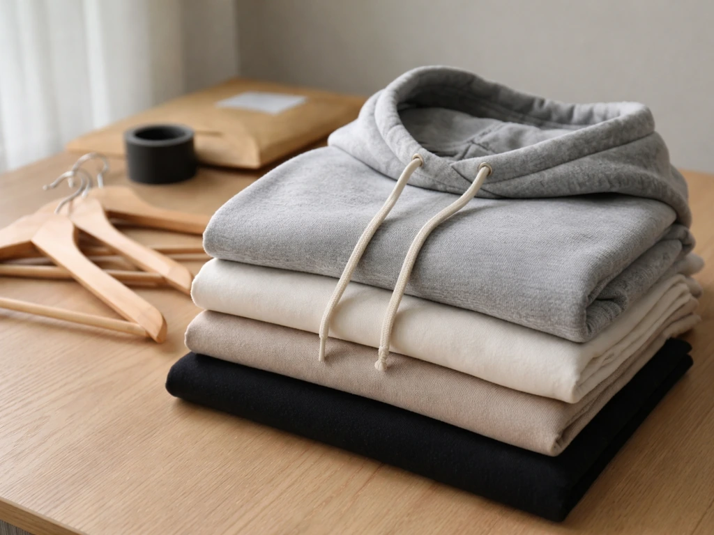 Nicopanda streetwear merch on a minimal table, showing folded shirts, tags, and hangers as business holdings cues.