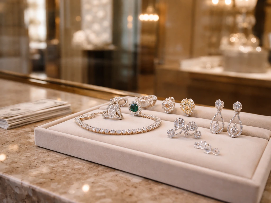 Luxury jewellery display in a boutique setting, symbolizing wealth and craftsmanship.