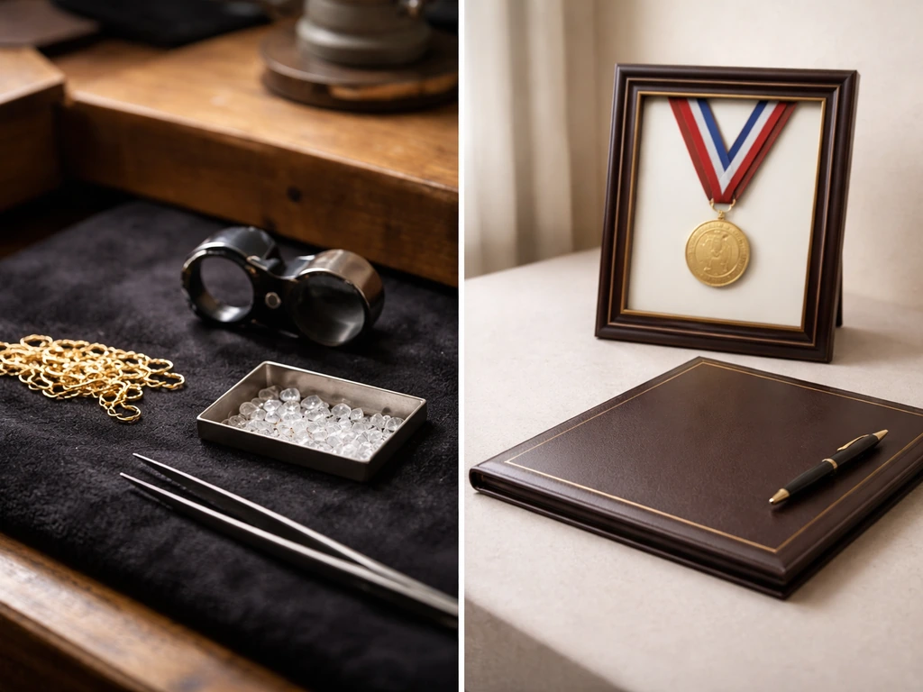 Split image: jewelry tools on one side and a medal/ribbon certificate folder on the other.