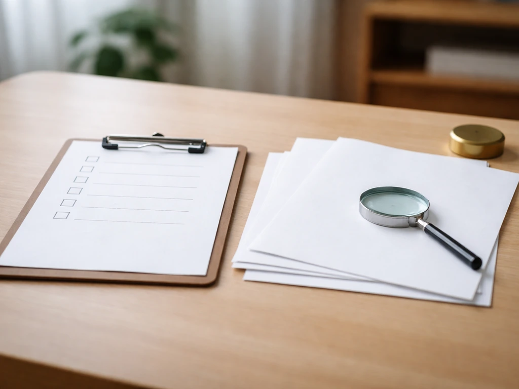 Minimal desk scene with a checklist and documents suggesting verifiable public business records.