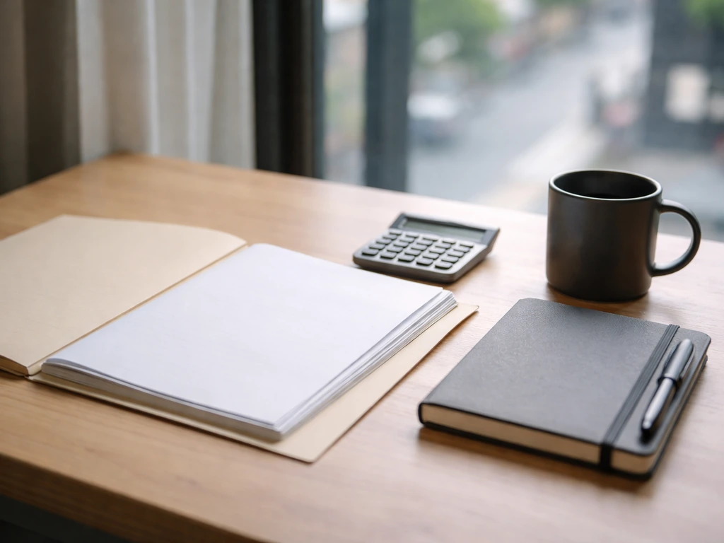 Minimal photo of an office desk with documents and a calculator, symbolizing income, assets, and liabilities.