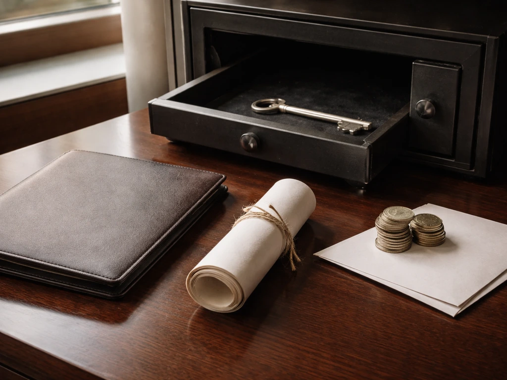 High-end jewelry office desk with vault key, sealed documents, and unbranded money items symbolizing liabilities