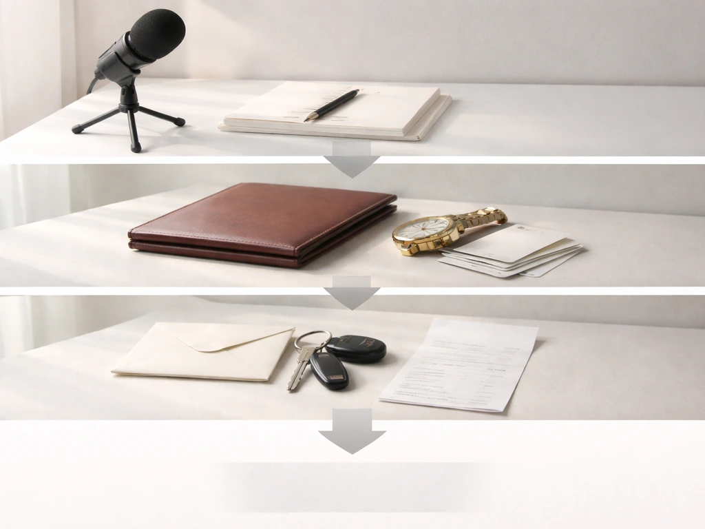 Minimal photo panel suggesting a bottom-up estimate with studio gear, portfolio items, and a subtraction envelope.