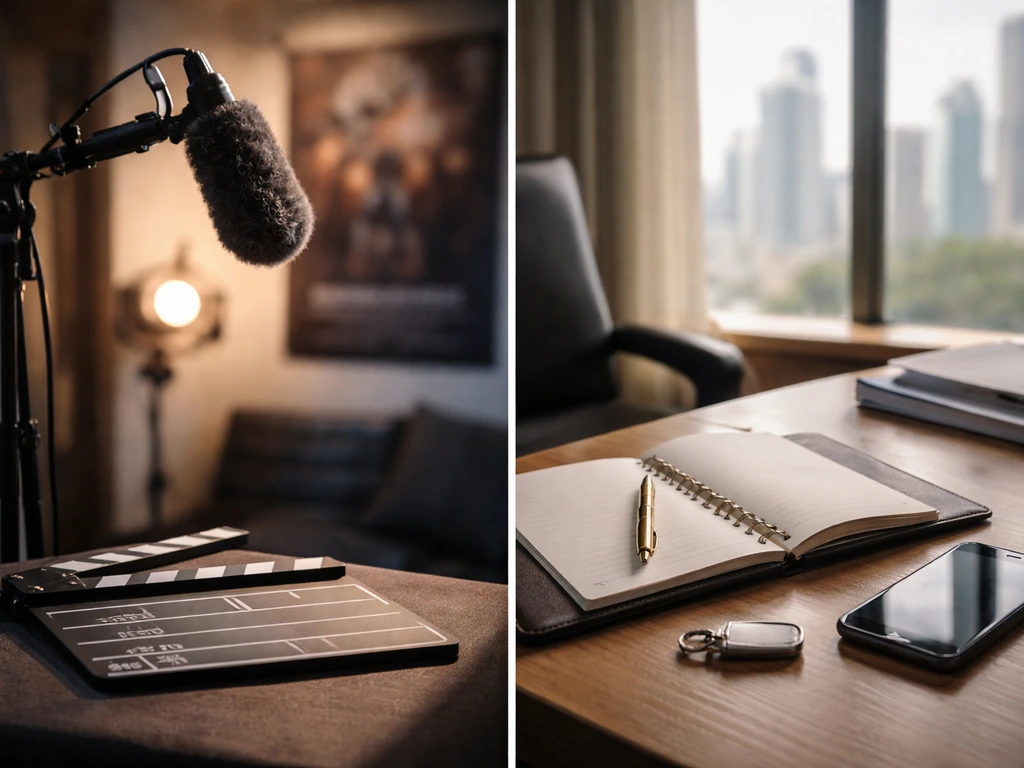 Minimal scene showing an anonymous actor-like media workspace next to a corporate finance setting, symbolizing two ident