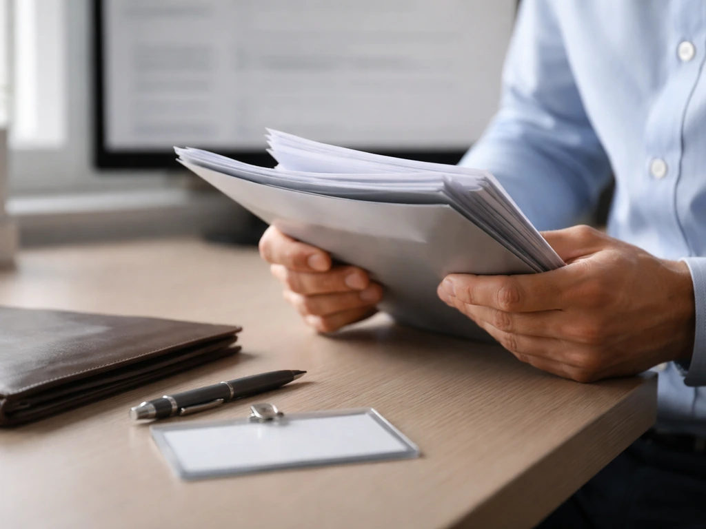 Hands holding blank business documents with a blurred corporate filings screen behind them.