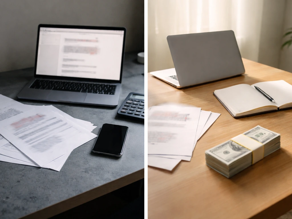 Minimal split-screen of two office desks with laptop and calculator, symbolizing different net-worth estimates.