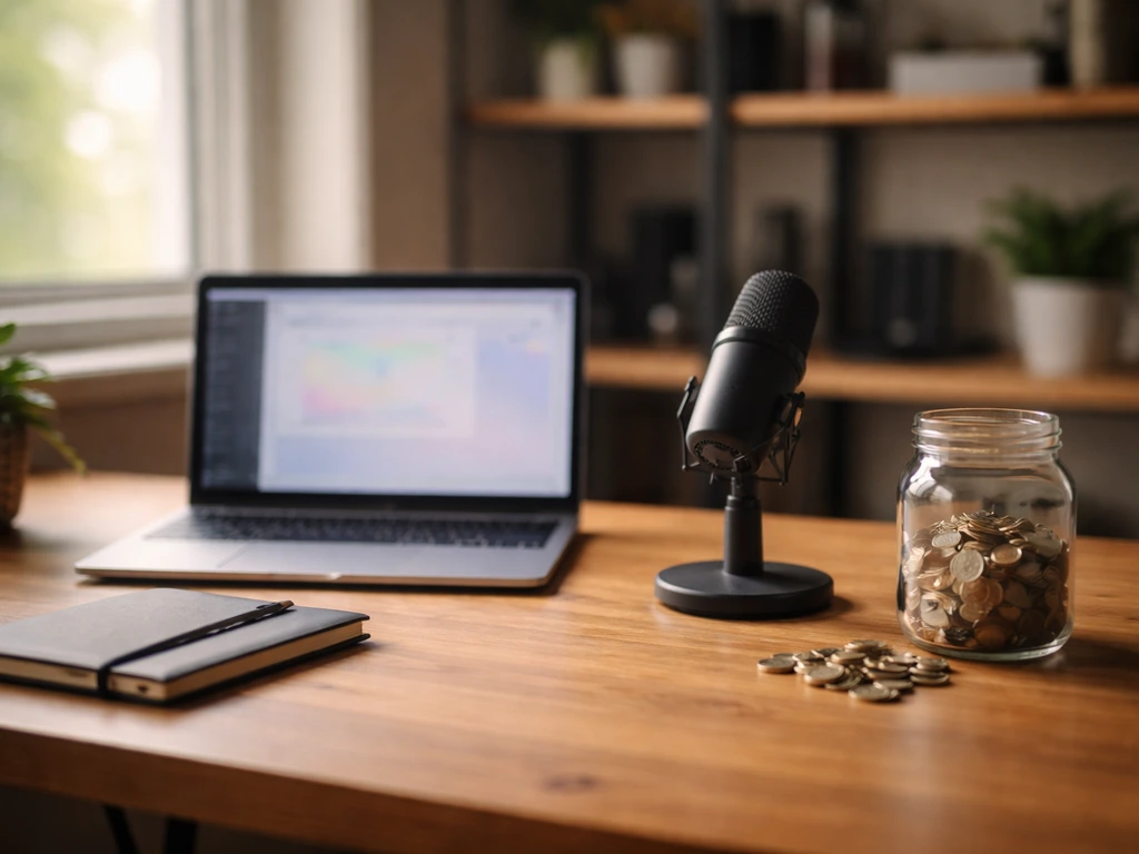 Minimal tech studio desk with laptop, Unity-style assets on screen glow, and scattered coins symbolizing net worth