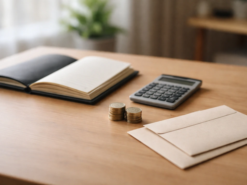 Calculator and open ledger on desk with coins beside a small pile of envelopes, symbolizing net worth.