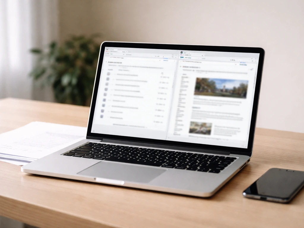 Minimal collage mockup showing a laptop with muted browser tabs for company filings and reputable news sources