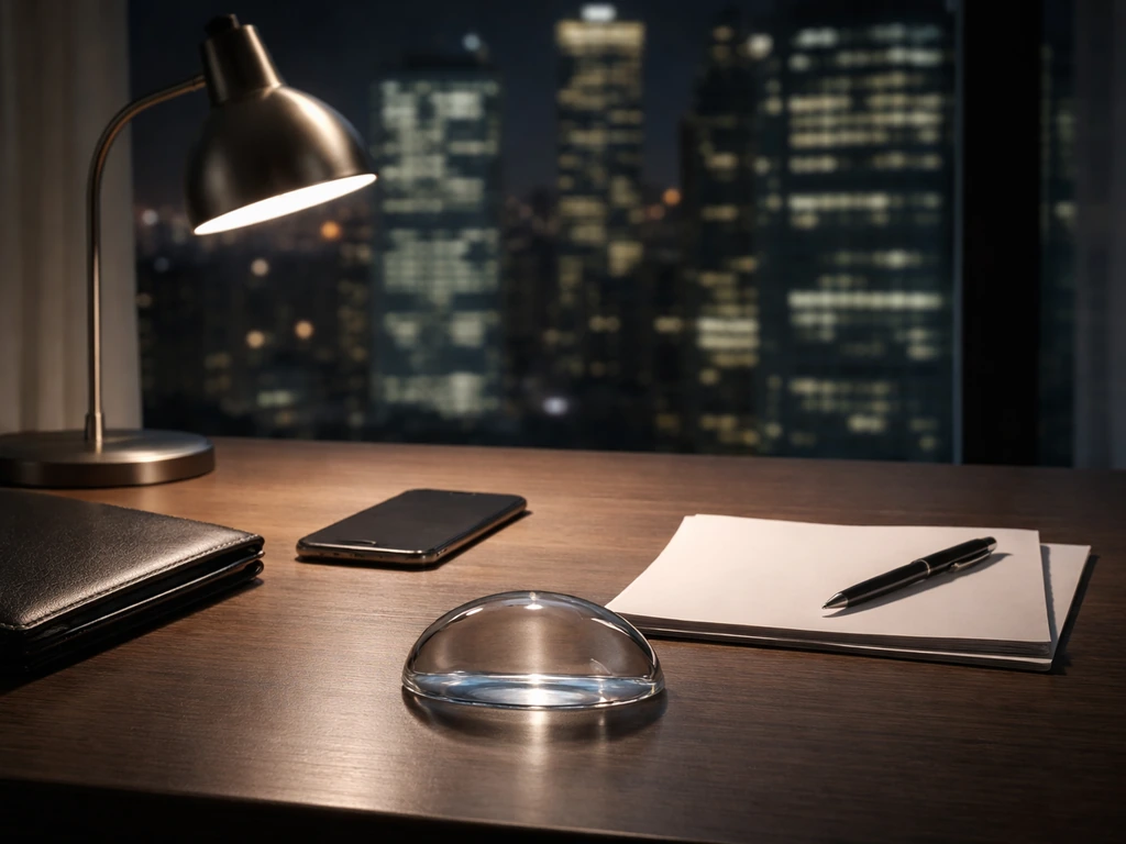 Minimal finance desk scene with blank materials and a subtle range-like glass reflection in soft city light.