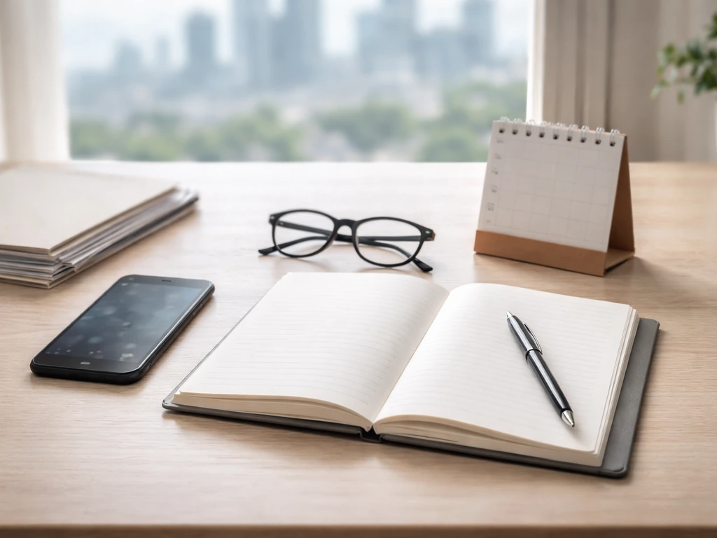Minimal desk with notebook, pen, phone, and blank calendar pages suggesting an up-to-date media/filings checklist.