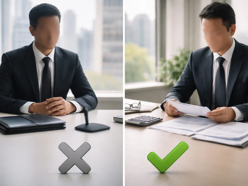 Two minimal finance desk scenes with green check and gray X cues to indicate the correct person.