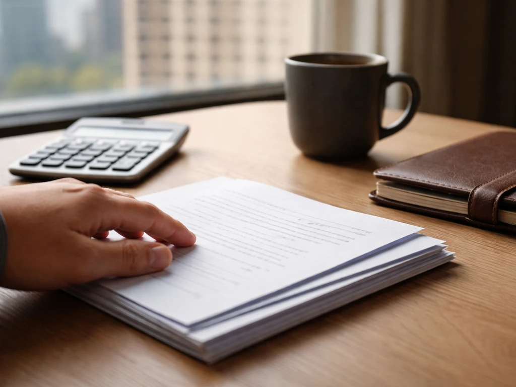 Minimal office desk with a calculator and documents, suggesting a finance confidence check