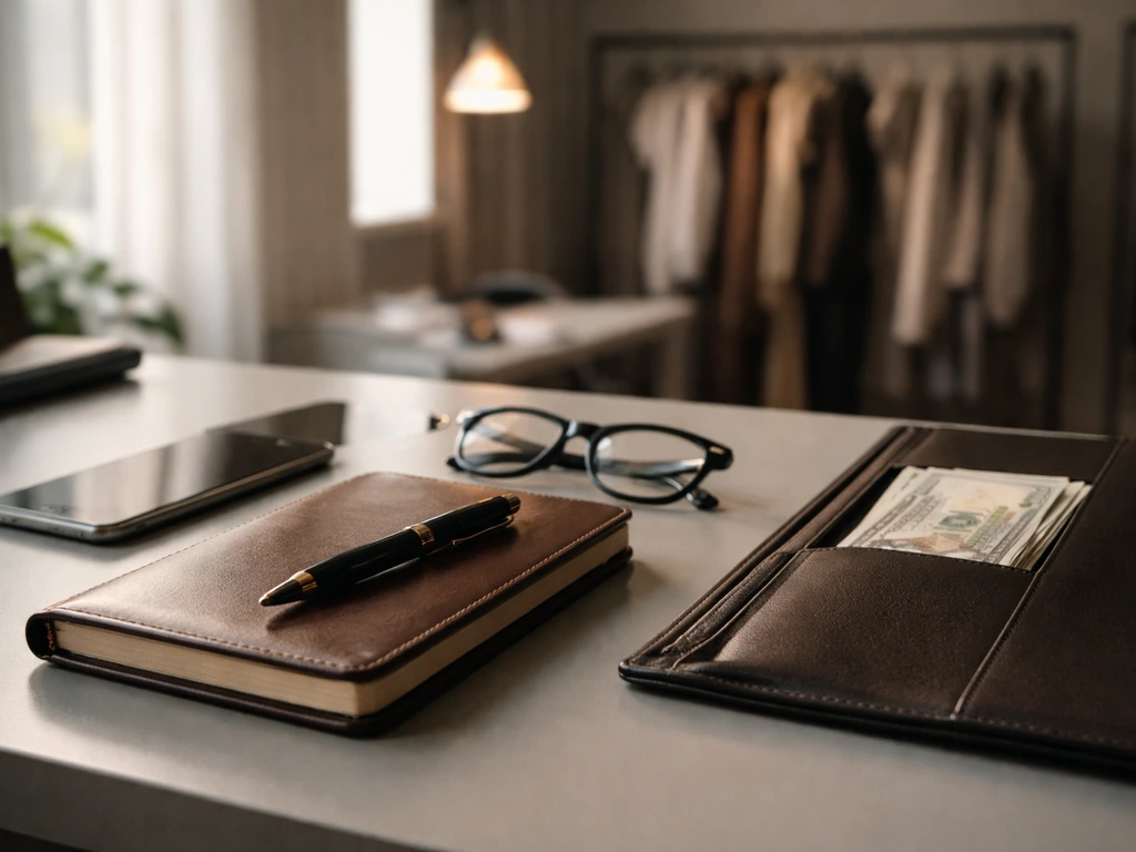 Minimal fashion office desk with pen, notebook, and money in an open portfolio folder, no people.