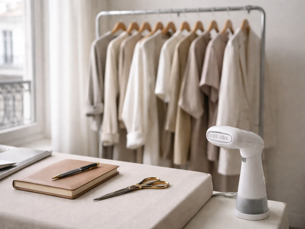 Fashion styling studio scene with a creative director vibe: clothing racks and a small work desk setup