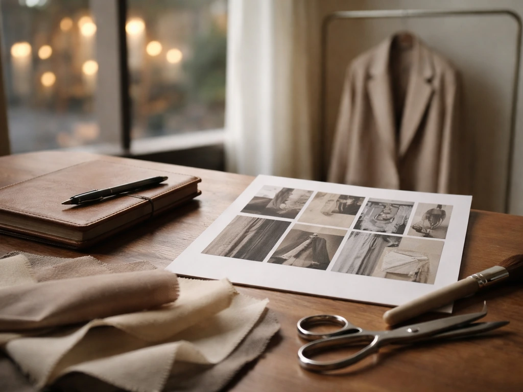 Minimal luxury fashion studio desk with fabric swatches, notebook, pen, and a draped blazer on a rack.