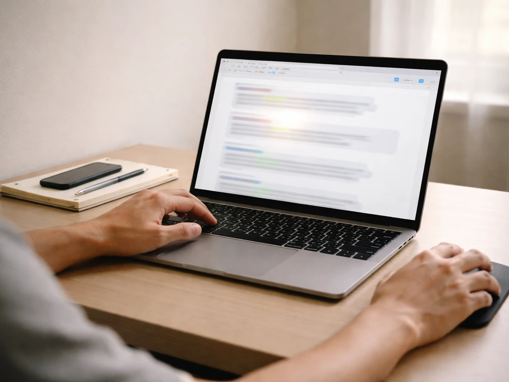 Person working at a desk with a laptop showing a business registry search workflow, no visible text