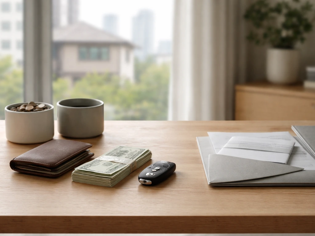 Minimal photo of a desk with an open notebook showing assets and debts concept, no visible text.