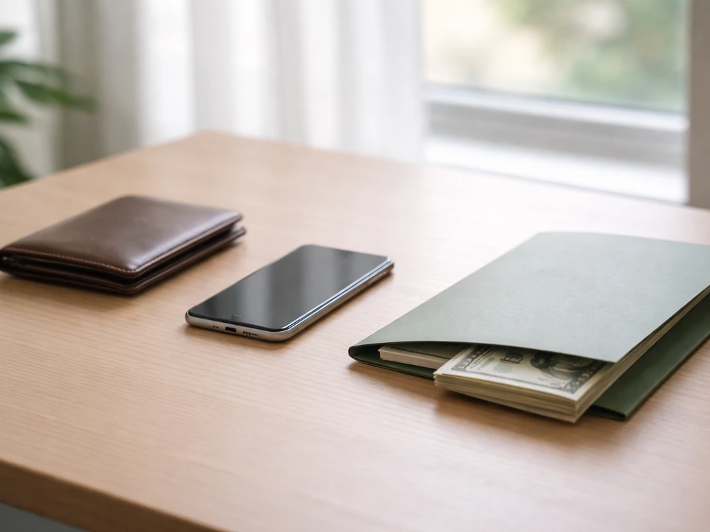 Minimal photo of an office desk with a small wallet, smartphone, and green planner symbolizing multiple income sources.