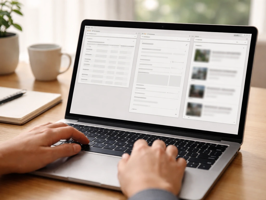 Close-up of hands on laptop showing free public-records search results, calm desk setup