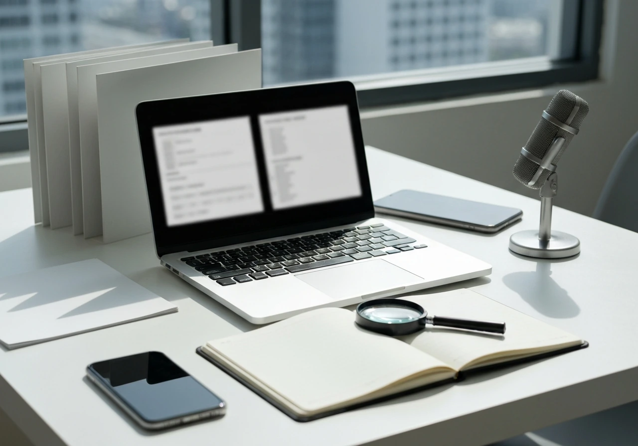 Minimal desk scene with laptop, magnifying glass, and generic money cues for net worth verification theme
