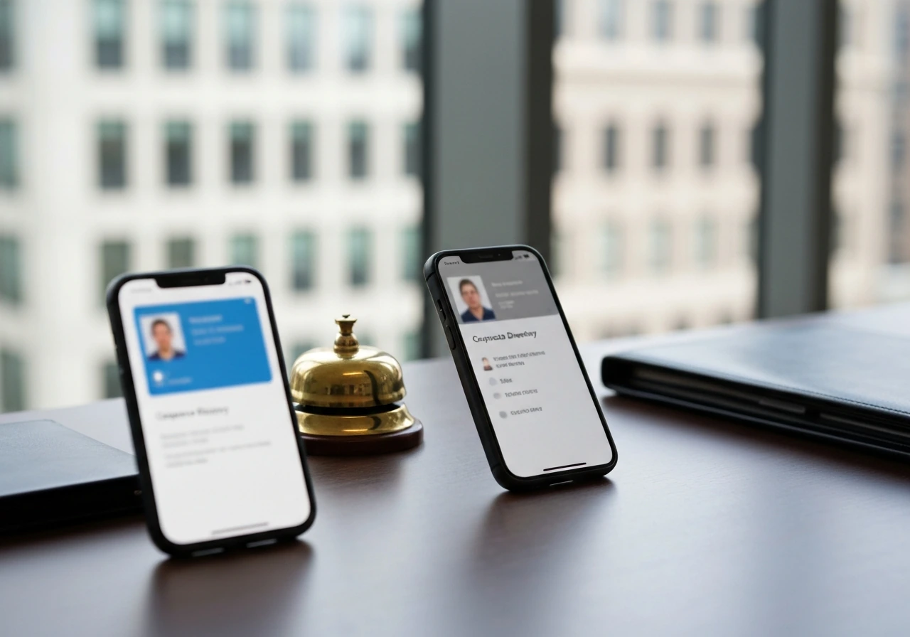 Minimal office desk scene with blurred phone profiles suggesting identity verification.