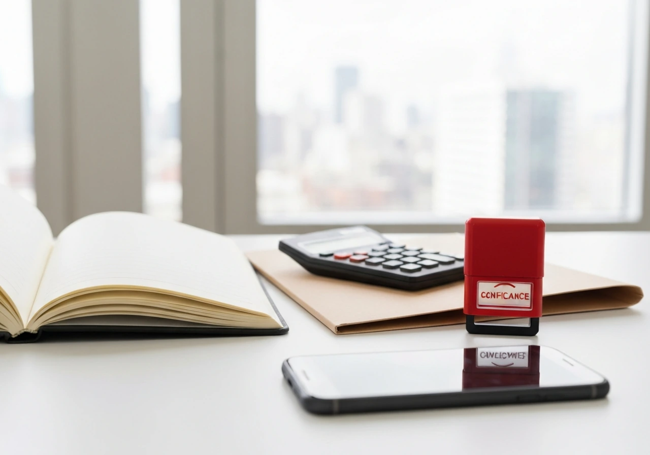Minimal office desk with blank notebook, calculator, phone, and a confidence stamp under natural light.