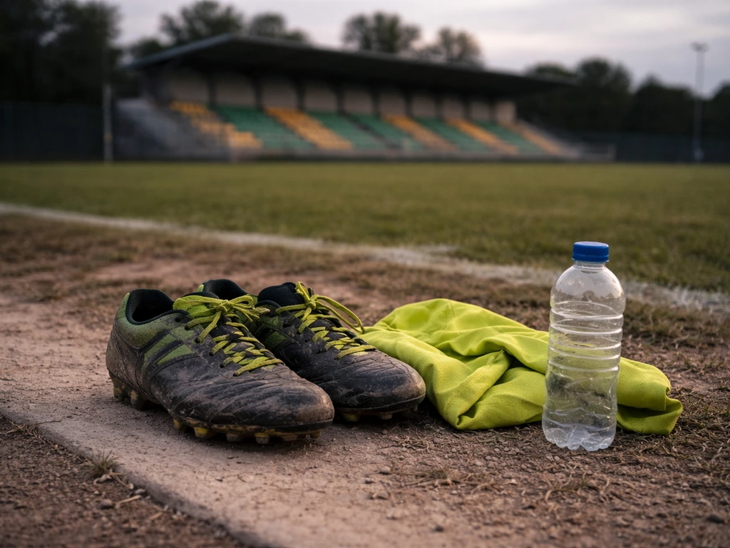 Worn football boots and training gear on an Italian pitch at matchday, with empty stands in the background.