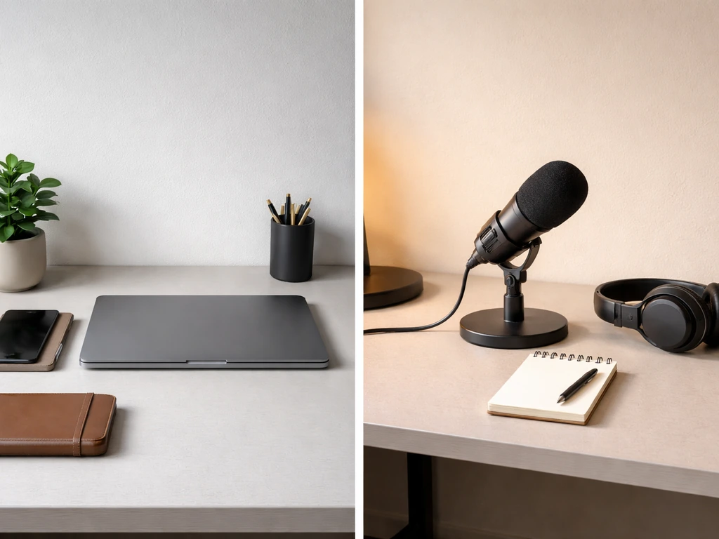 Two adjacent desk setups symbolizing a side-by-side comparison, with office and media items, no people.