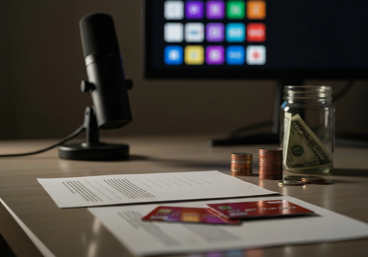 Minimal workspace with financial documents and a blurred streaming microphone setup, evoking net worth analysis.