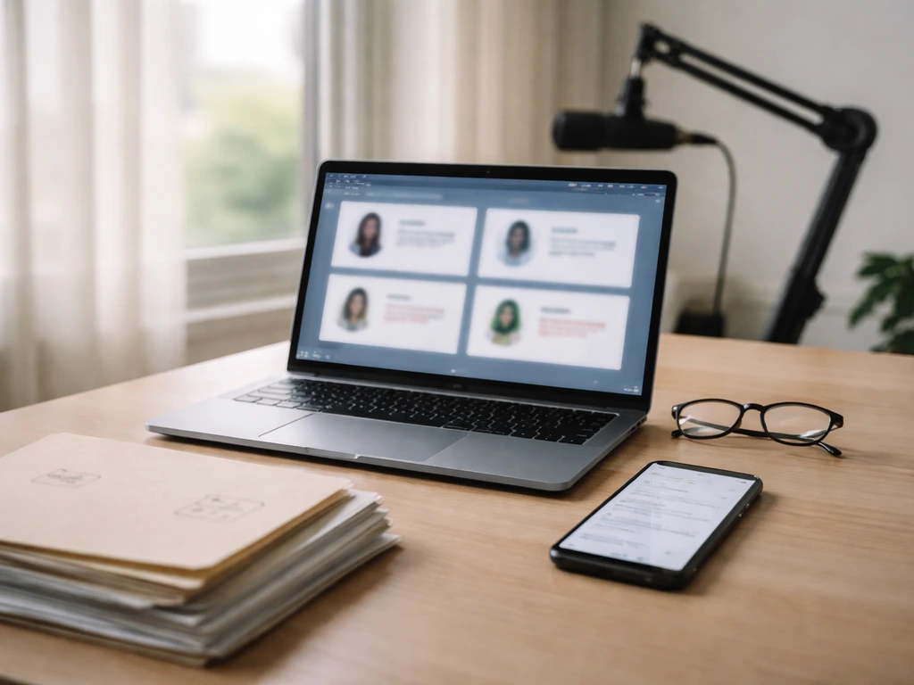 Home studio desk with laptop and phone, blurred profile cards suggesting identity name verification
