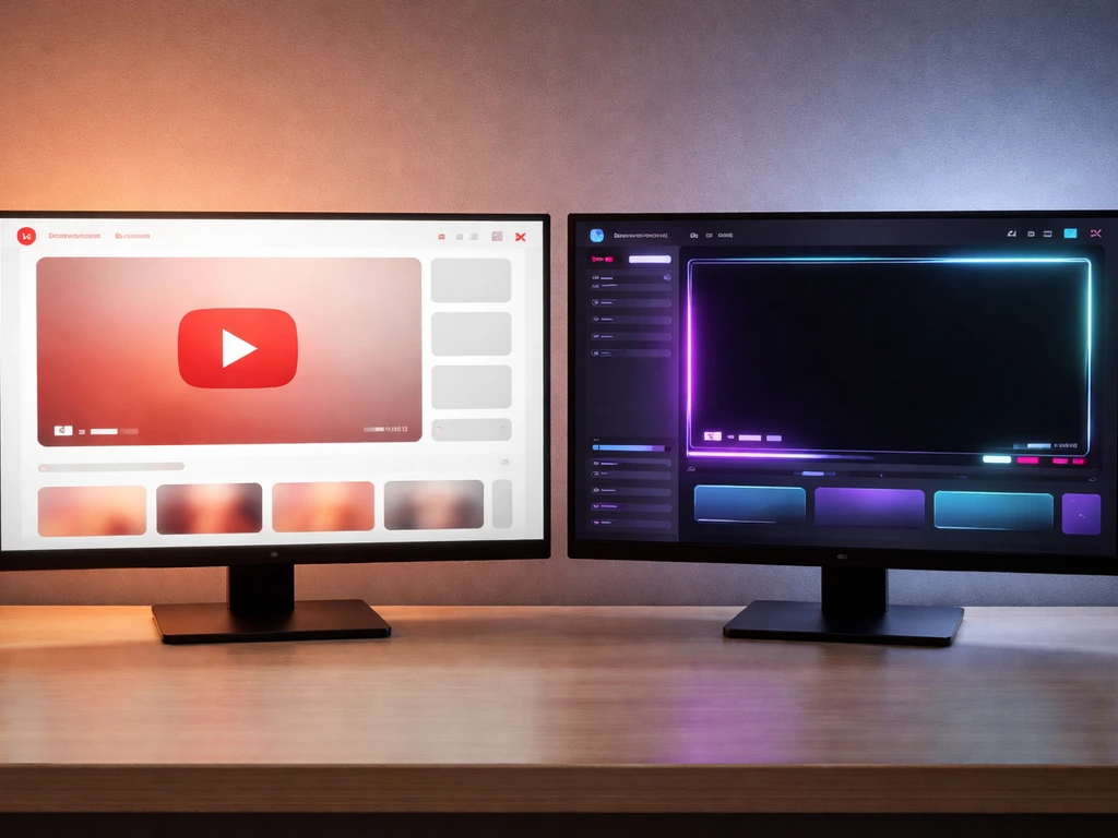 Split scene of a laptop showing abstract YouTube-like and Twitch-like media panels, symbolizing ad revenue streams.
