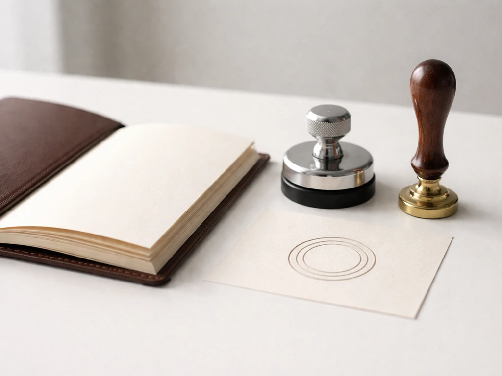 Minimal desk scene showing a branded stamp and a checklist folder representing non-real-estate wealth assets.