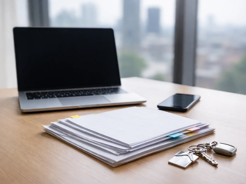 Minimal desk with laptop and documents, symbolic key and city view for net worth verification