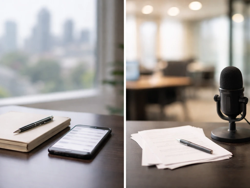 Split desk scene showing blurred phone clues and office/studio items for verifying the right person.