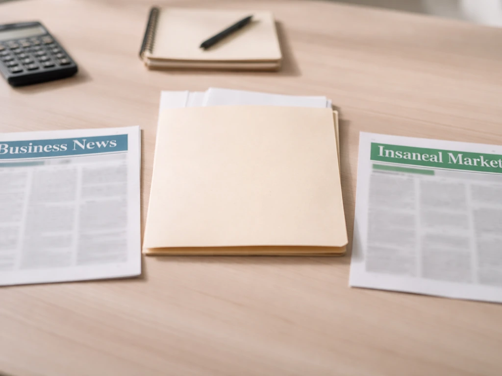Close-up of a desk with blurred business-news clippings, calculator, and blank notebook pages suggesting source-based es