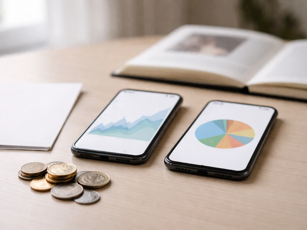 Two smartphones and foreign coins on a desk, suggesting differing finance sources without any readable numbers.