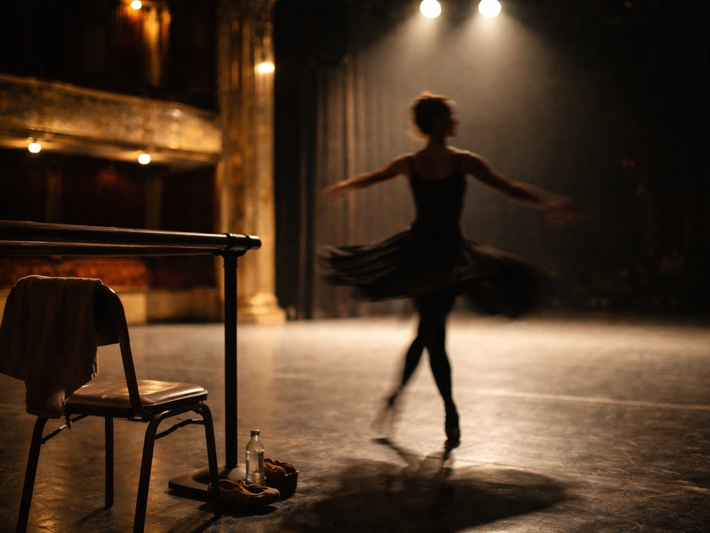 Blurred dancer silhouette in a historic ballet theater under warm spotlights during rehearsal.