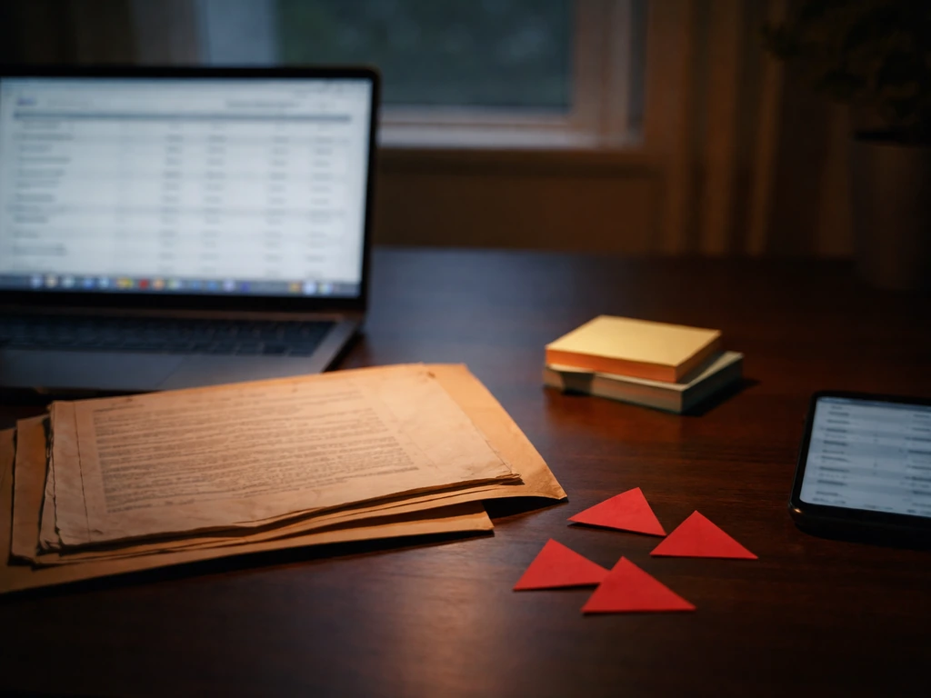 Dim desk with outdated-looking papers and scattered warning-like objects, symbolizing net-worth scam red flags