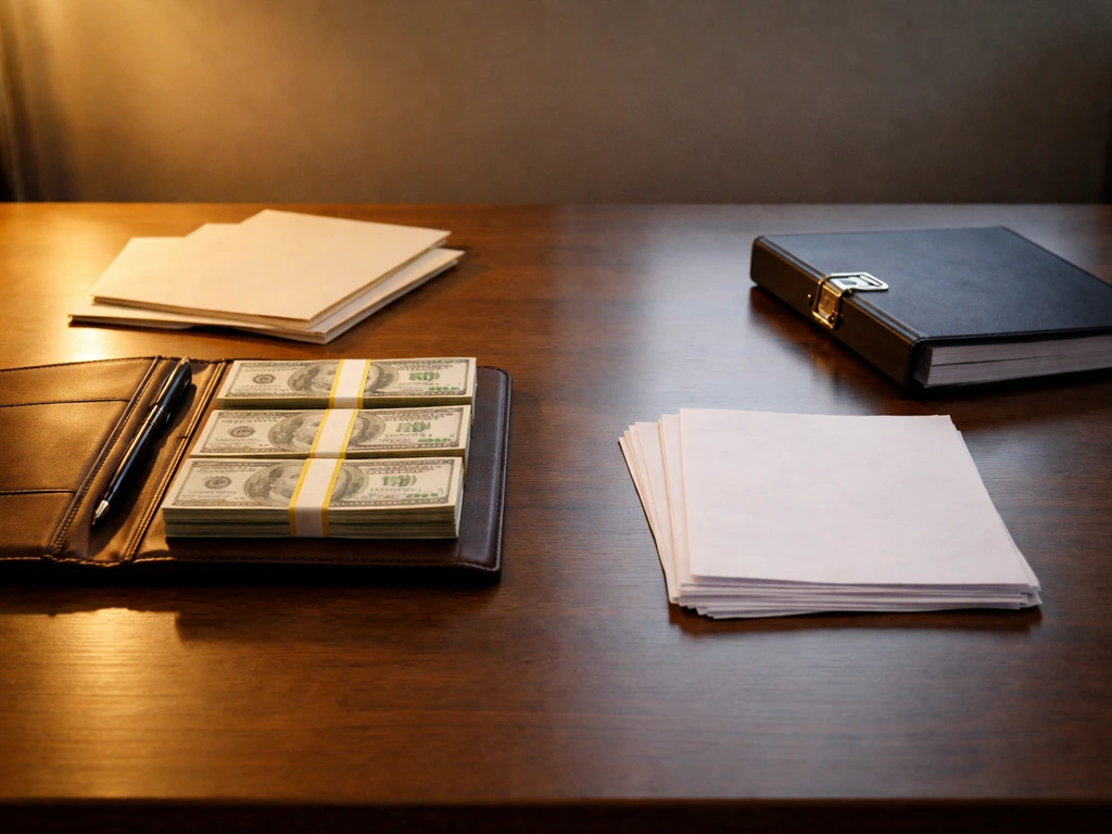 Minimal desk scene with blank financial documents and portfolio, symbolizing assets minus liabilities.