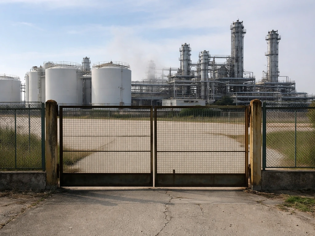 Quiet view of an industrial fertilizer plant gate in Romania with tanks and pipelines in the background.