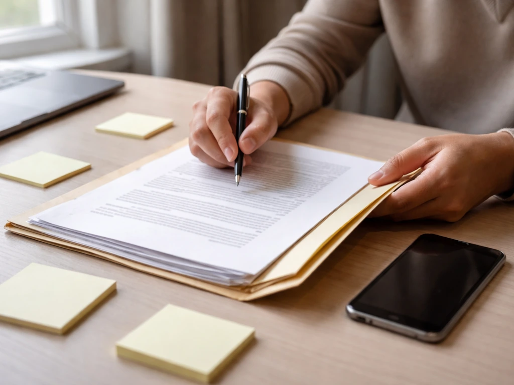 Person reviewing business documents at a desk beside a laptop, symbolic of verifying an estimate workflow.