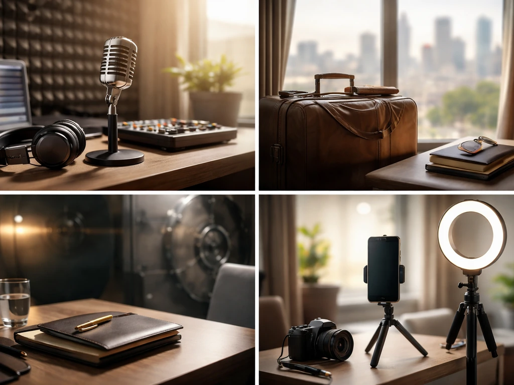 Four-panel collage of music studio, travel window, luxury office desk, and influencer gear symbolizing disambiguation.