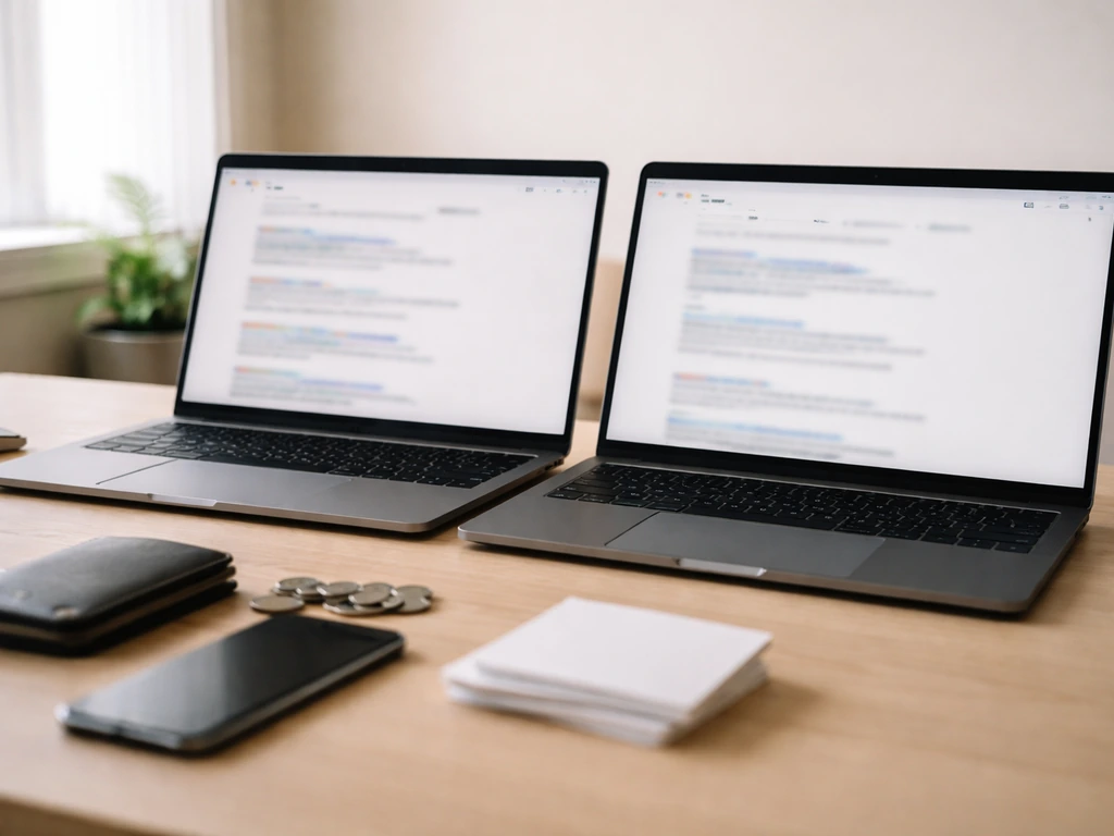 Two laptops on a desk with blurred search screens, suggesting identity disambiguation for the same name.