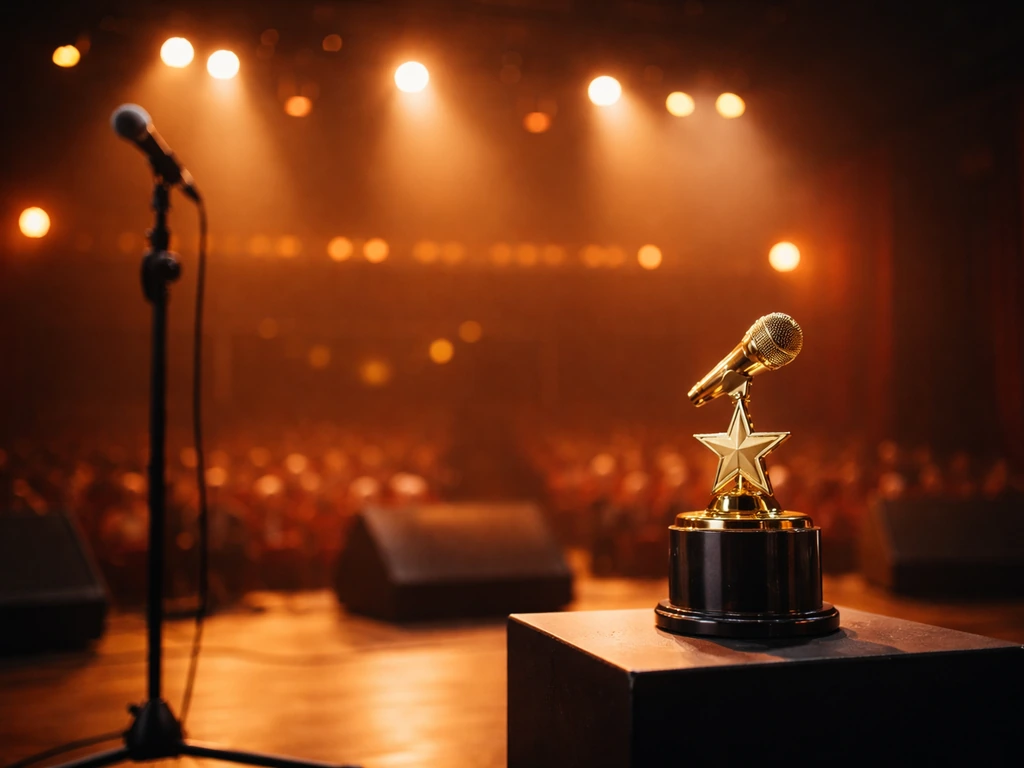 Gold trophy and microphone stand on a quiet awards-stage backdrop with warm lights.