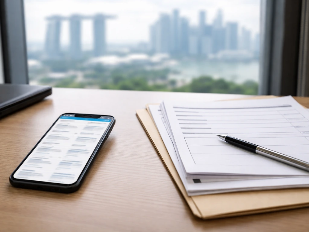 Close-up of an office desk with corporate filing papers and a phone showing a generic registry search screen.