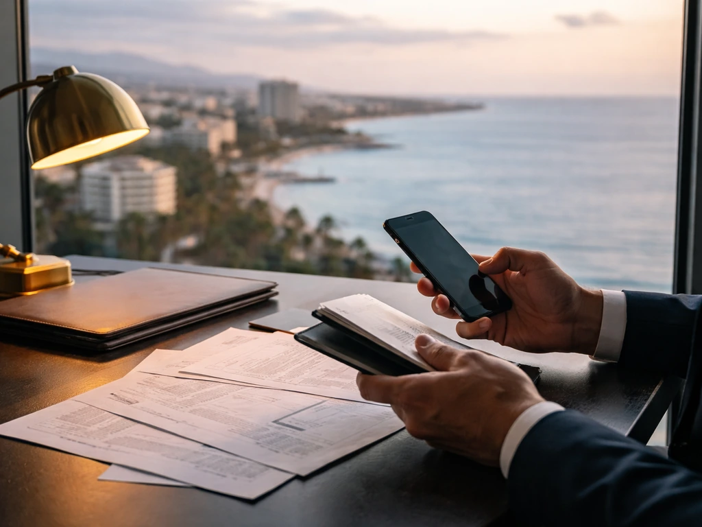 Anonymous business hands in a Cyprus office with sea-view window and finance documents on a desk