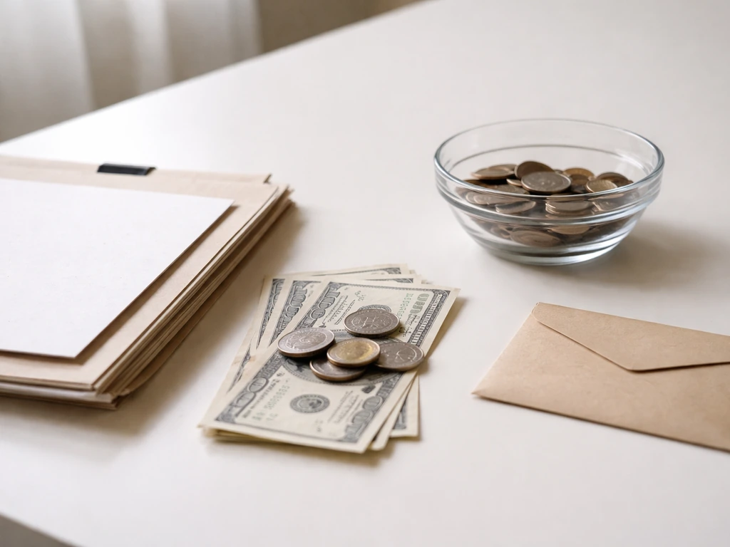 Close-up of a simple money and documents scene symbolizing assets minus liabilities