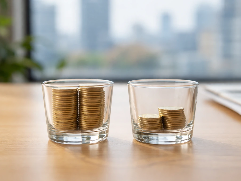 Two coin-filled glass cups on a desk side-by-side, symbolizing confirmed vs estimated money, no text.